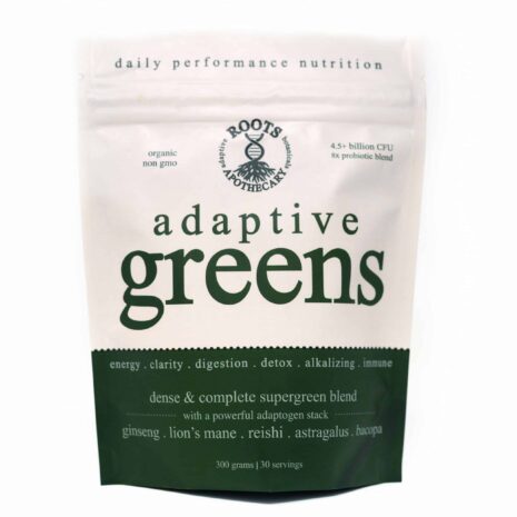 A white and green bag reading Root's Apothecary Adaptive Super greens Mix.