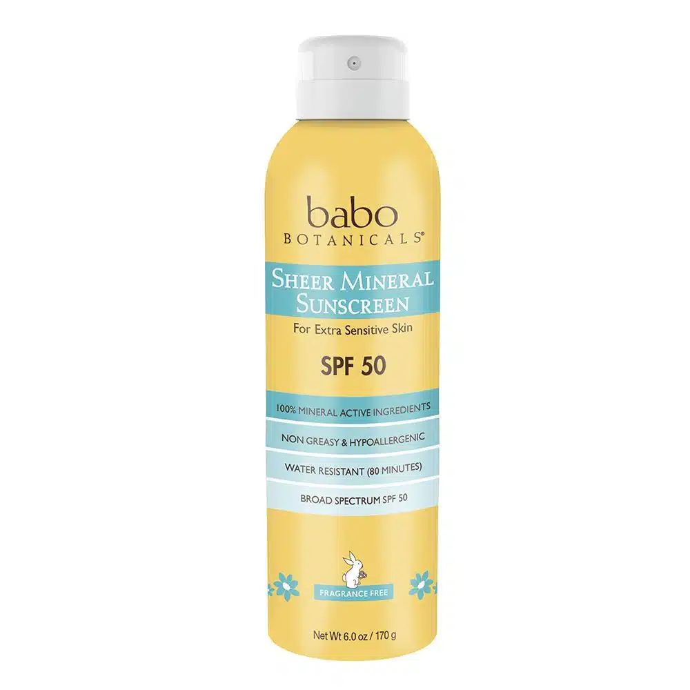 Babo Botanicals SPF50 Sheer Mineral Sunscreen Spray Bottle