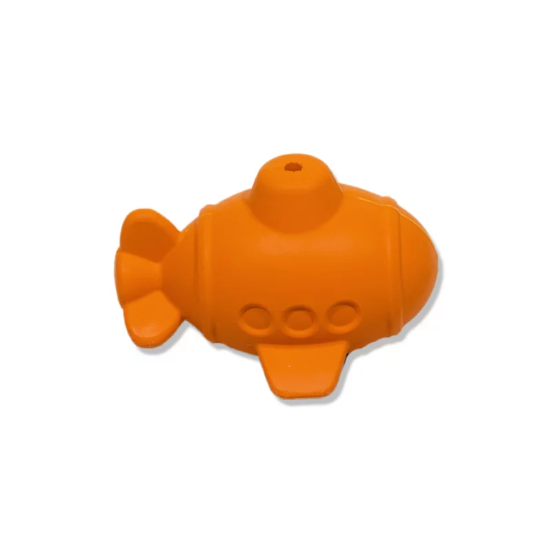 An image of a small orange bath toy shaped like a submarine and made from natural rubbber