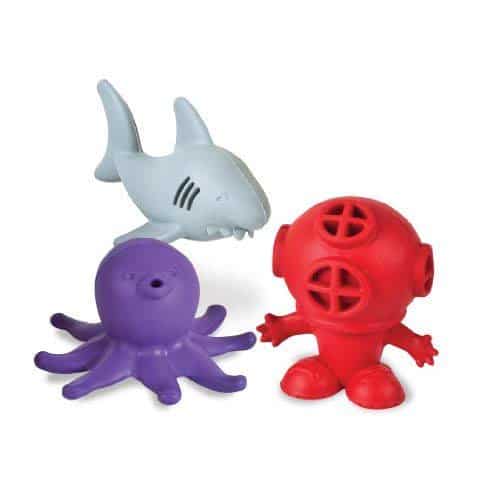 An image of a red diver bath toy made from natural rubber