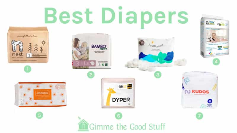 A collection of images of diapers titled Best Disposable Diaper Guide from Gimme the Good Stuff