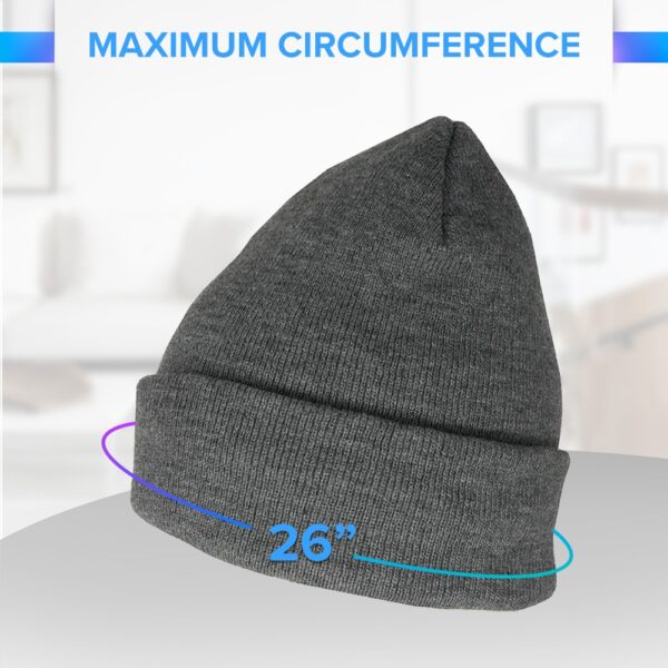 An image showing that this winter beanie has a circumference of 26 inches.