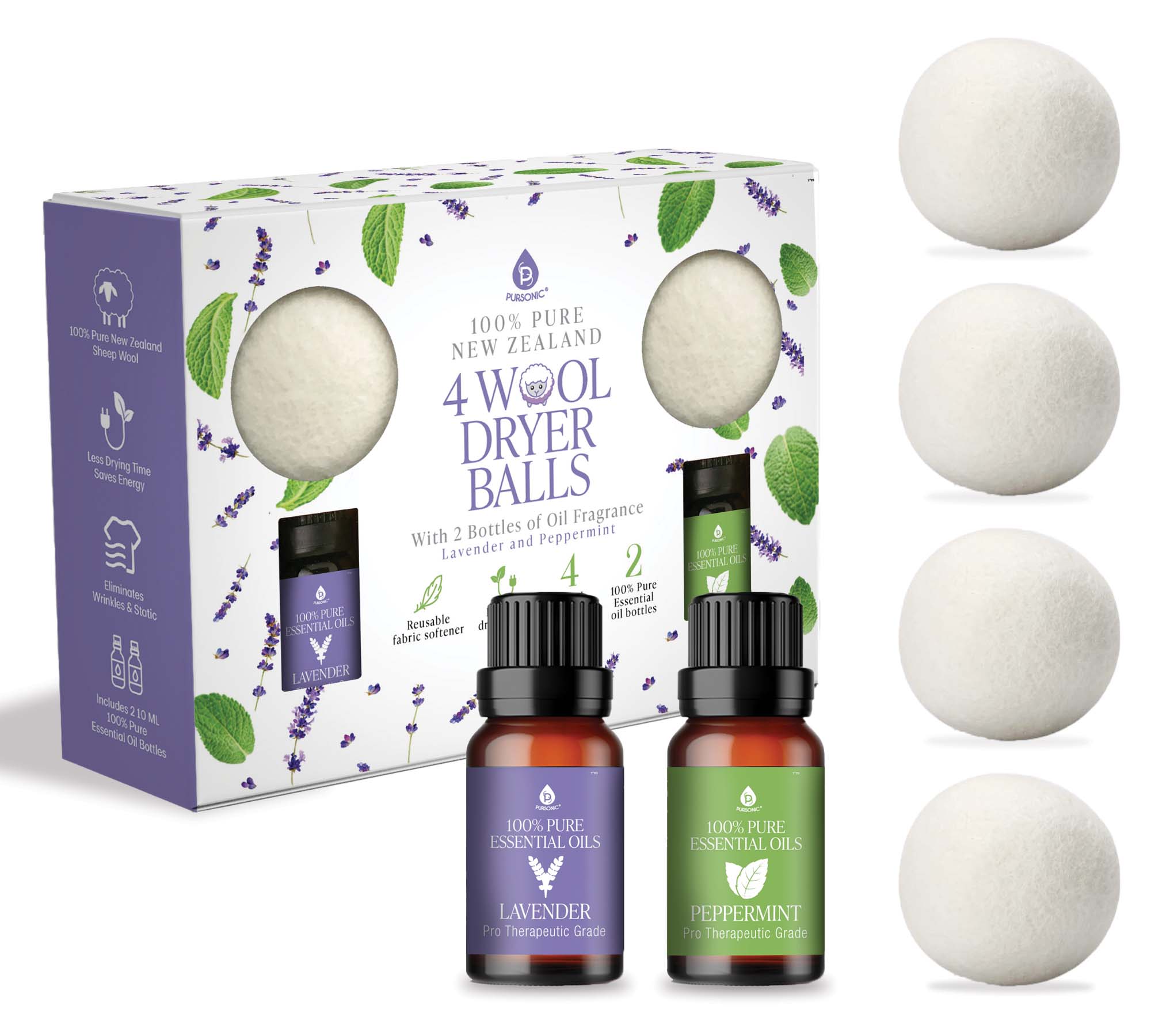 Pursonic Wool Dryer Balls Bundle - Reusable Laundry Balls Made from Pure New Zealand Wool - Includes Lavender & Peppermint Oils