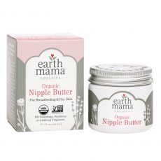 A jar of Earth Mama Organic Nipple Cream sitting next to its packaging box on white background.