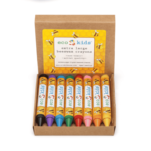 A yellow box filled with 12 colorful beeswax crayons.