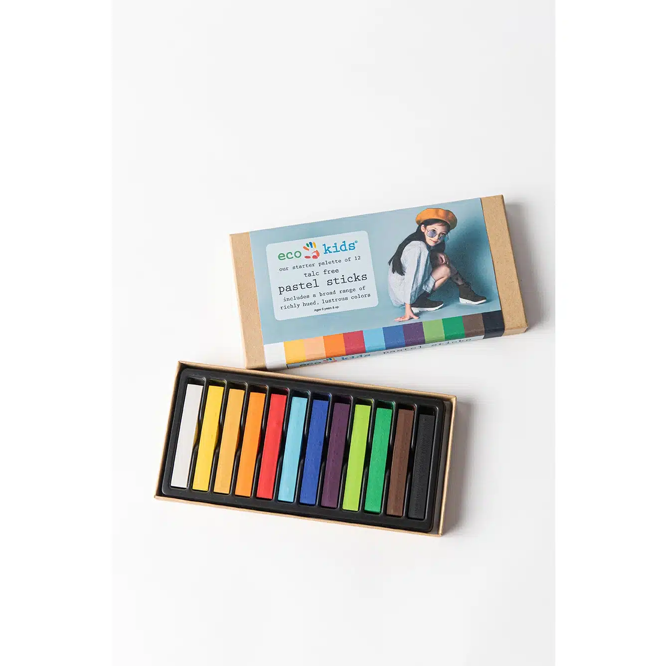 An open box of non-toxic pastels with 12 colors.