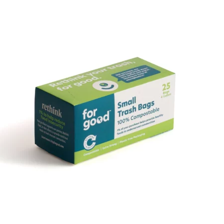 A green and blue box of compostable garbage bags.