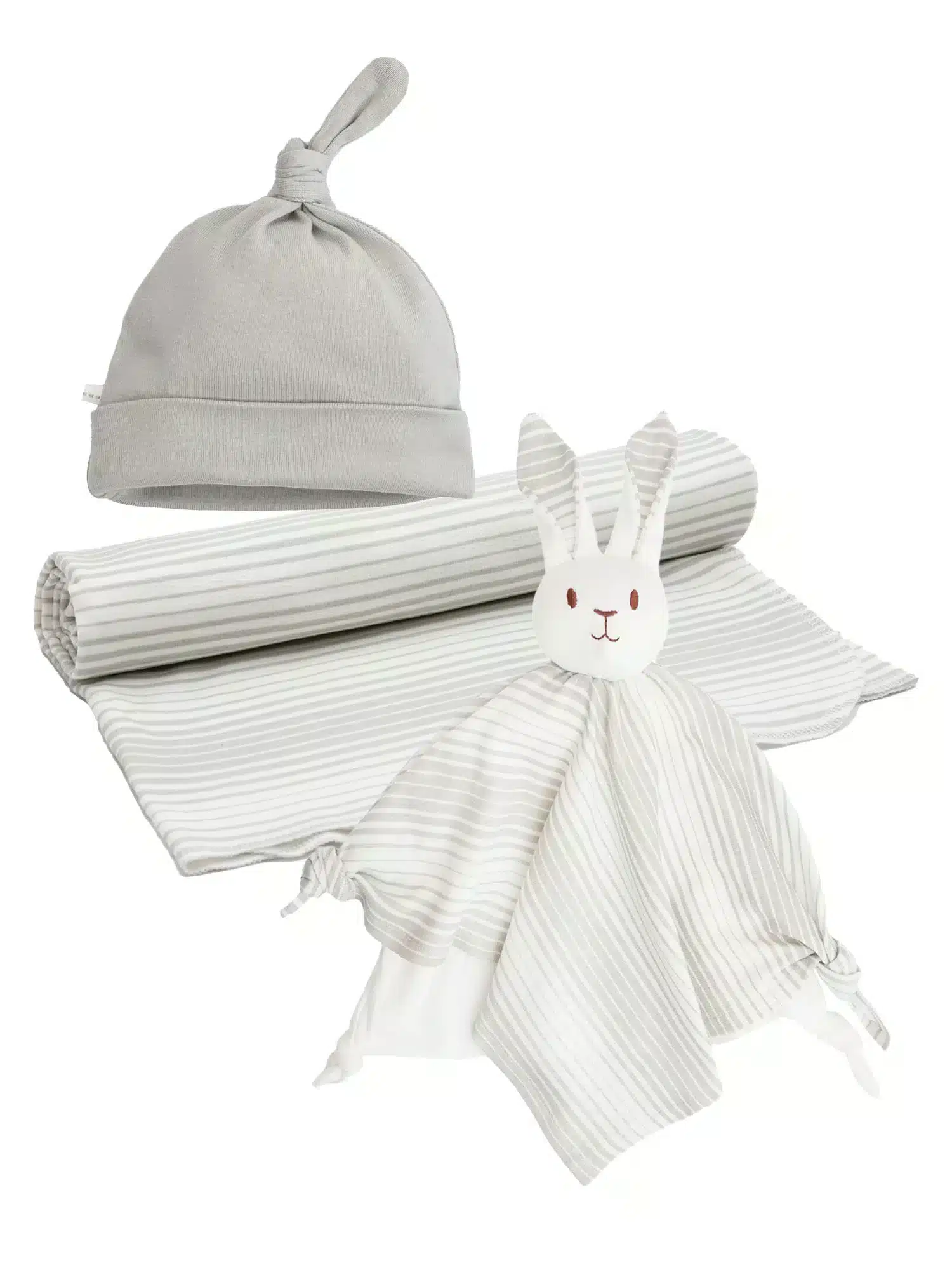 Under the Nile Gray Stripe Bunny Blanket Friend, Beanie, Swaddle Gift Bag Set from Gimme the Good Stuff