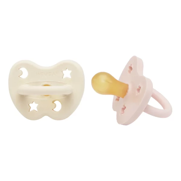 Hevea Natural Rubber Pacifier Powder Pink and Milky White from Gimme the Good Stuff