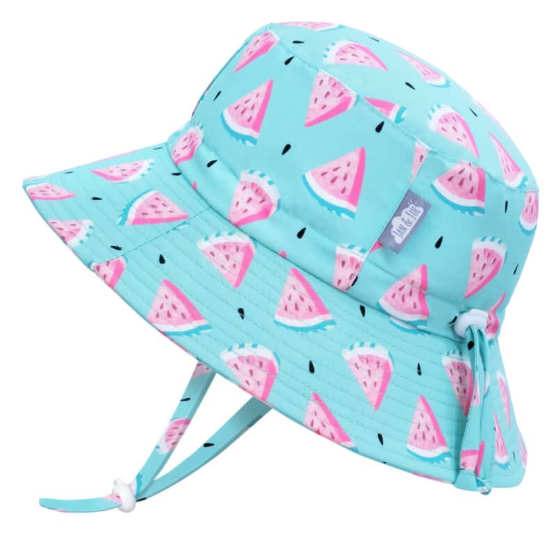 An image of a light blue sun hat for kids with watermelons printed all over the hat.