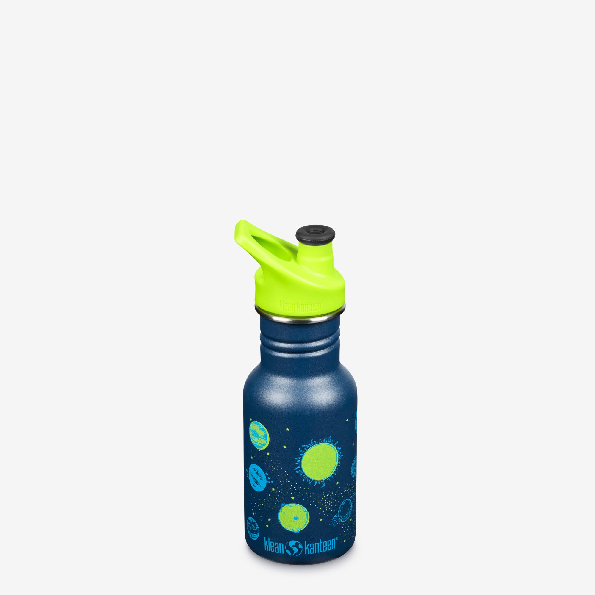 A small blue water bottle with a green sport top for kids.
