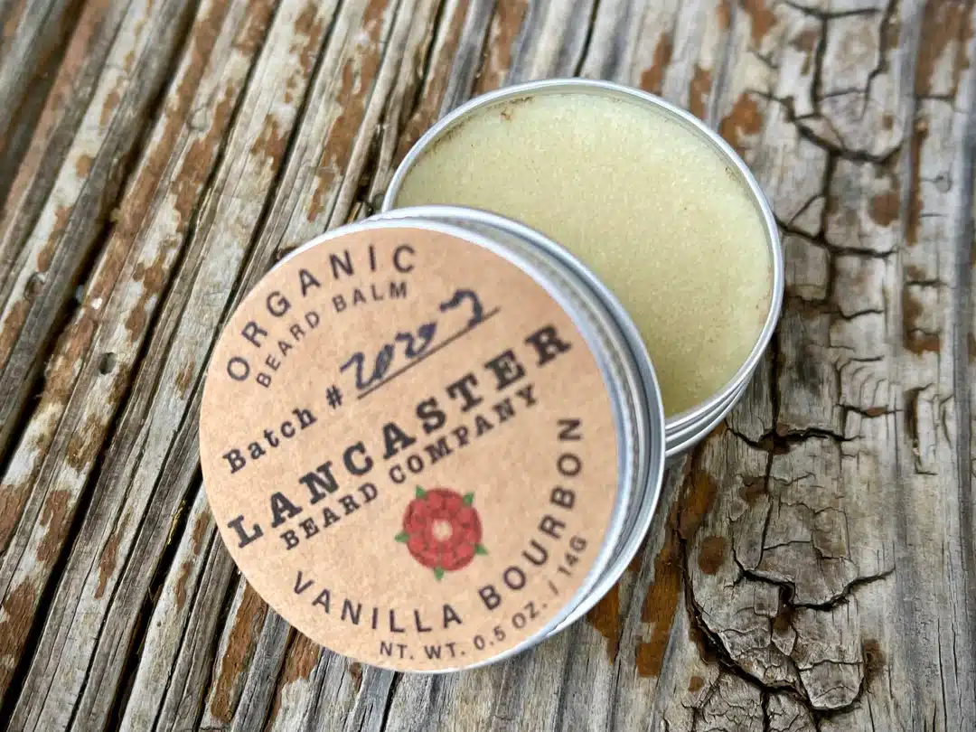 Lancaster Beard Company Organic Beard Balms -Vanilla Bourbon tin with open lid