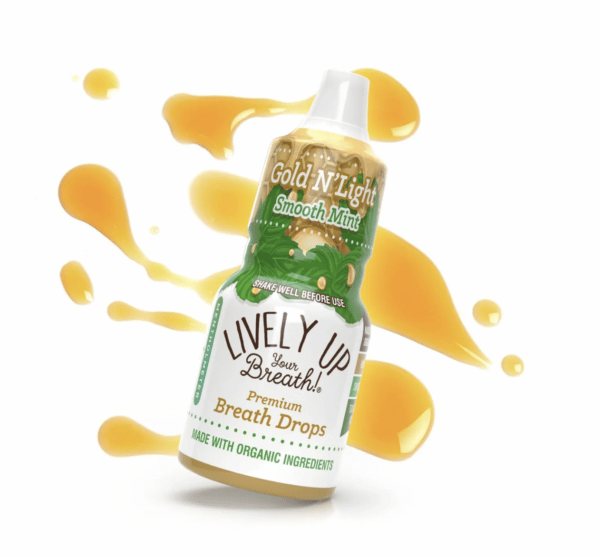 Small Bottle of Lively Up Your Breath Organic Honey Mint Breath Drops with Honey Graphic Behind