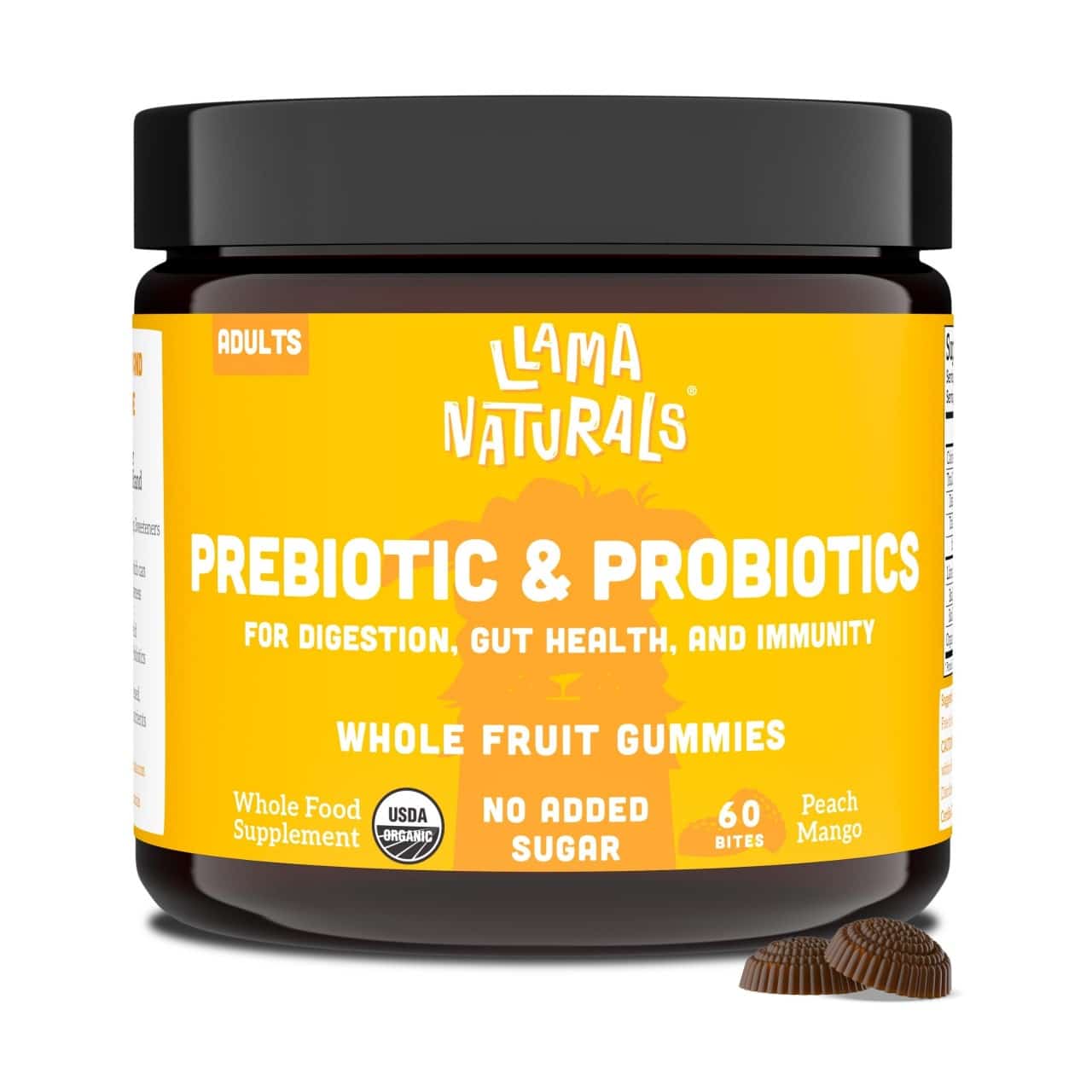Llama Naturals Adults Vitamin Gummy Bites – Pre/Probiotics – Peach Mango
