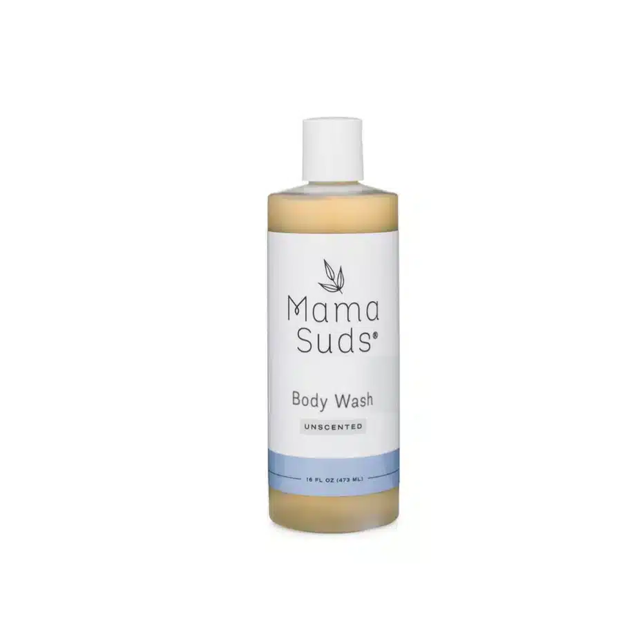 A bottle of Mama Suds Unscented Body Wash Soap on a white background.