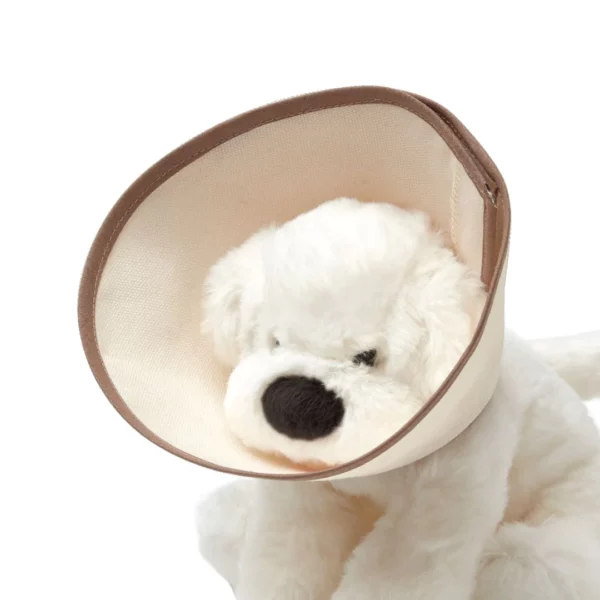 A toy stuffed puppy with a pretend flea collar on.