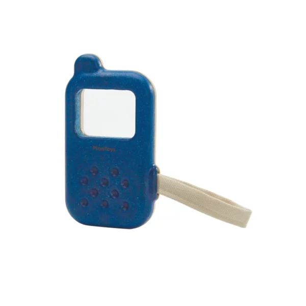 The blue colored back of a Wooden Toy Phone