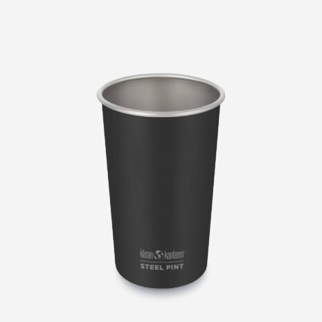 A Stainless Steel Pint Cup that is black on the outside and silver on the inside.