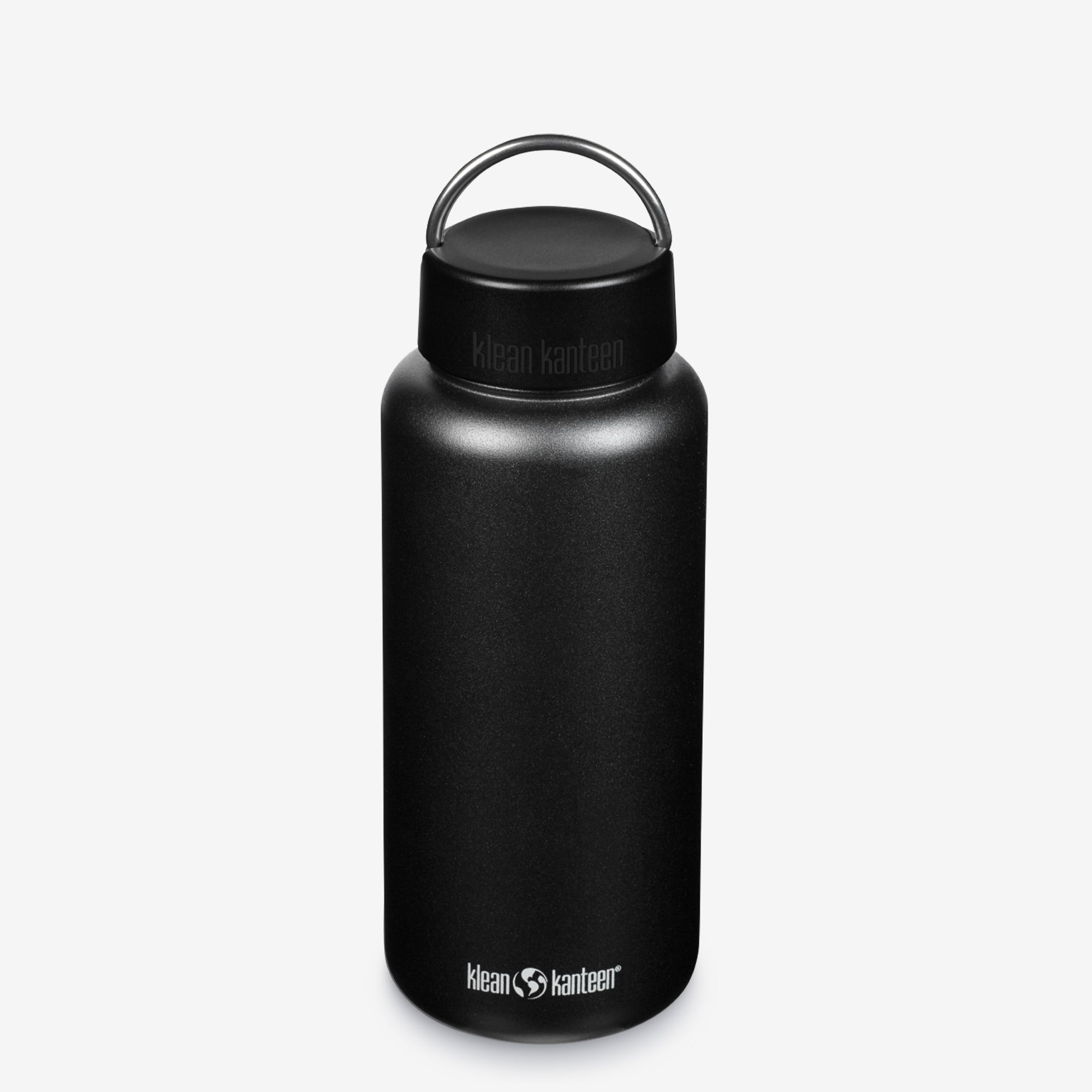 A large black water bottle with a loop cap.