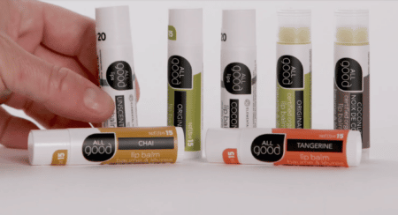 A line up of organic lip balm products from All Good brand.