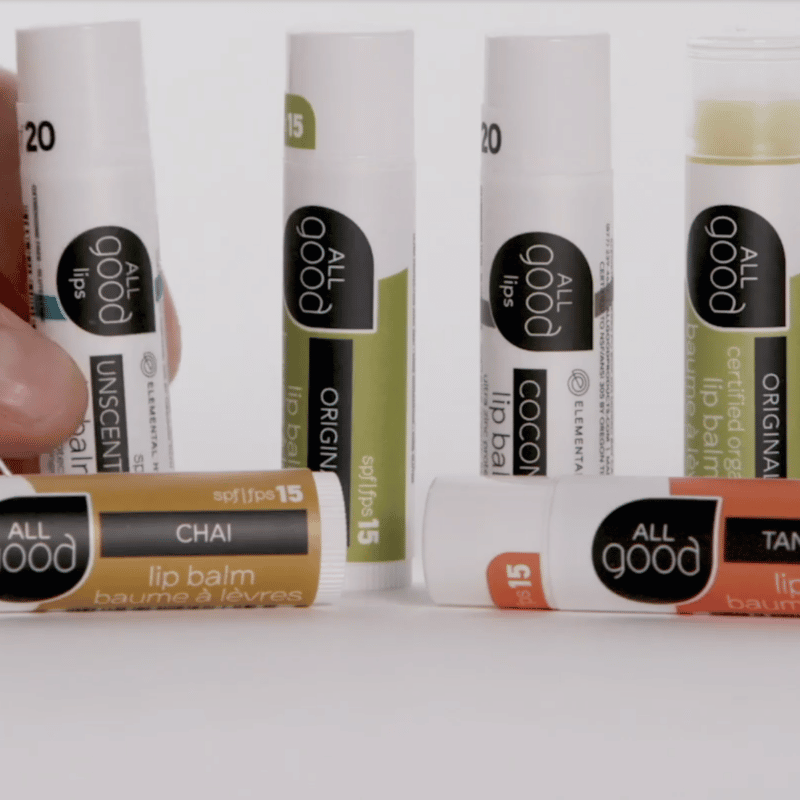 A line up of organic lip balm products from All Good brand.