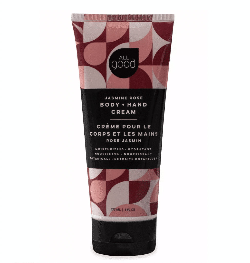 A red and black bottle of All Good hand and body lotion in jasmine rose scent.
