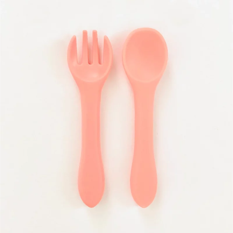 Silicone Toddler Fork and Spoon Set from Gimmme thre Good Stuff Peony Pink