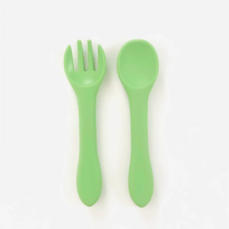 Silicone Toddler Fork and Spoon Set from Gimme the Good Stuff Spring Green