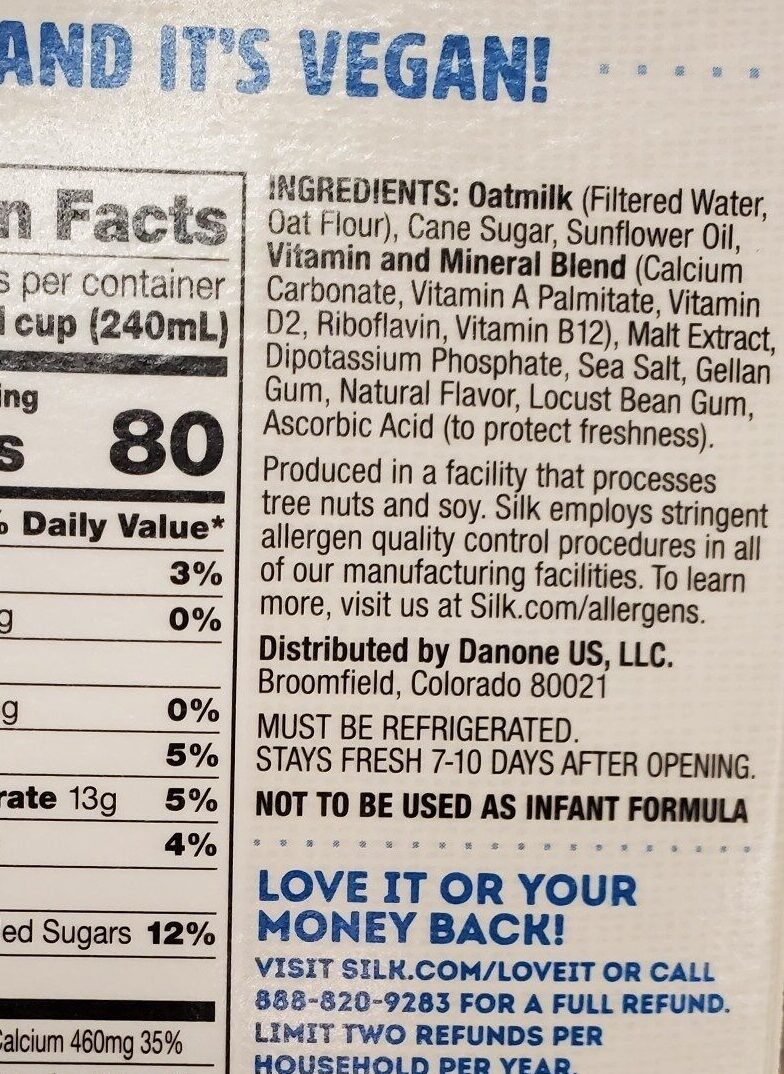 A Silk oat milk label showing cane sugar as an ingredients