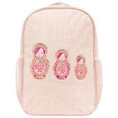 SoYoung Grade-School Non-Toxic Backpack Pink Linen embroidered dolls from gimme the good stuff