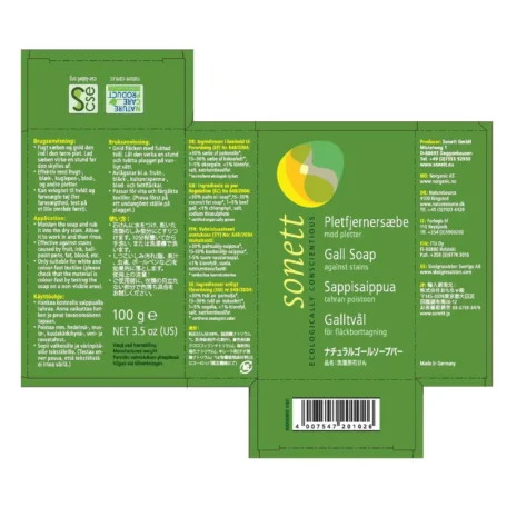 An image of the box that Sonett Gal Soap Bar Stain Remover comes in including ingredients.
