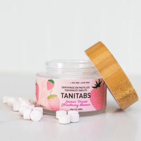 Tanitabs Strawberry Toothpaste Tablets sitting on a white background.