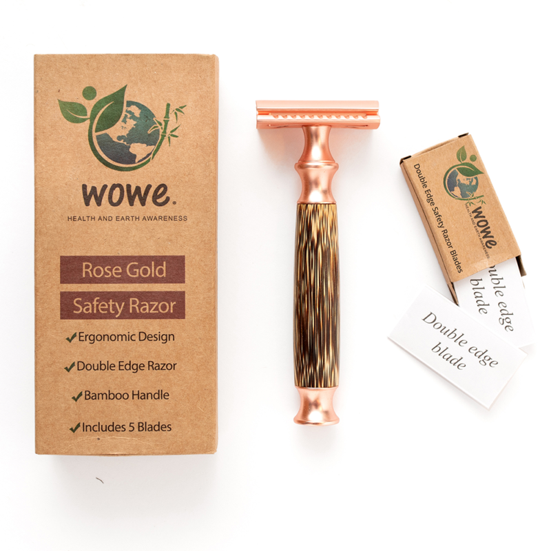 An image of Wowe Safety Razor in Rose Gold with extra blades and box from Gimme the Good Stuff