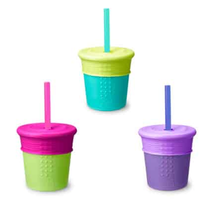Three Silicone straw cups. One is pink and green, one is blue and green. and one is light purple and dark purple.