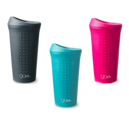 Three silicone travels mugs on a white background. One in grey, one in light blue, and one hot pink.